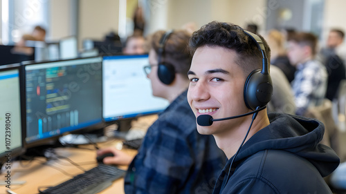 A student in a computer lab engages in an online learning session while smiling confidently with a headset on