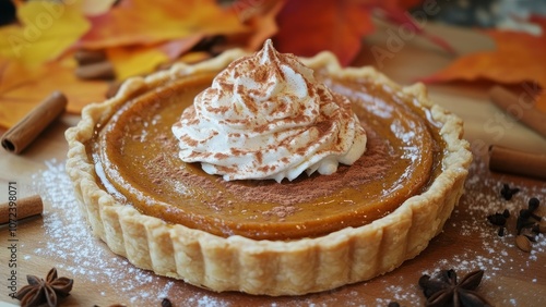 A beautifully crafted pumpkin pie, smooth and spiced, topped with a dollop of whipped cream and a sprinkle of cinnamon