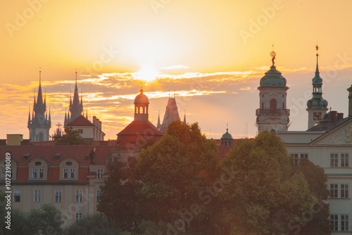 view of the old part of the city of Prague at dawn.