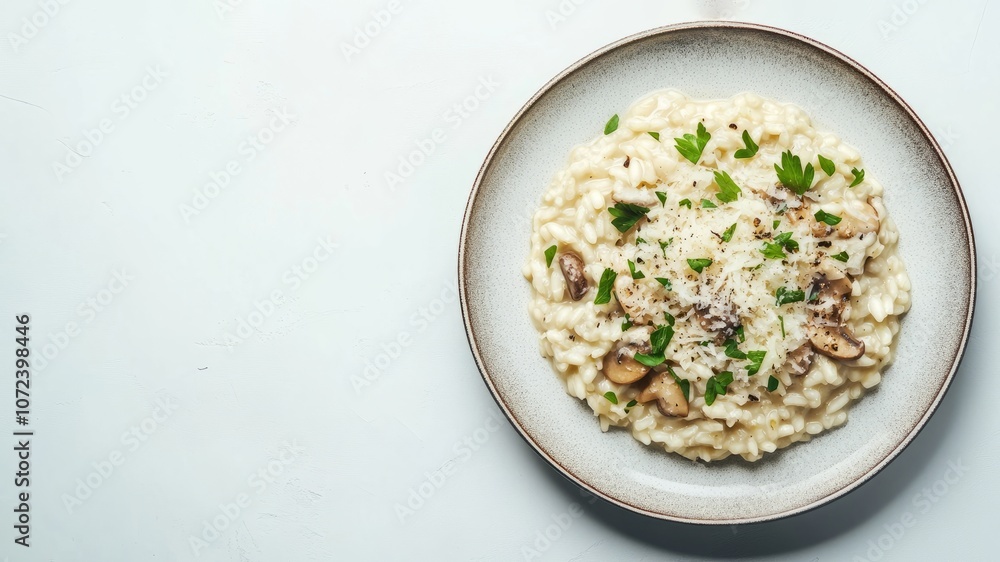 A beautifully arranged plate of creamy mushroom risotto, glistening with fresh herbs and grated Parmesan A beautifully arranged plate of creamy mushroom risotto, glistening with fresh herbs and grated Parmesan