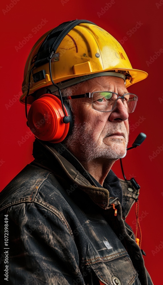 Senior Male Plant Operator Portrait with Protective Gear Against Red Background for Industrial Design Senior Male Plant Operator Portrait with Protective Gear Against Red Background for Industrial Design