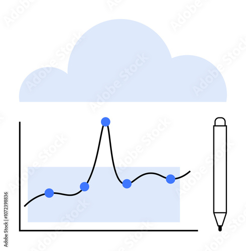 Graph with fluctuating line plot cloud symbol pen at side. Ideal for data visualization, analytics, cloud computing, technology, business strategy, innovation, creativity. Line metaphor