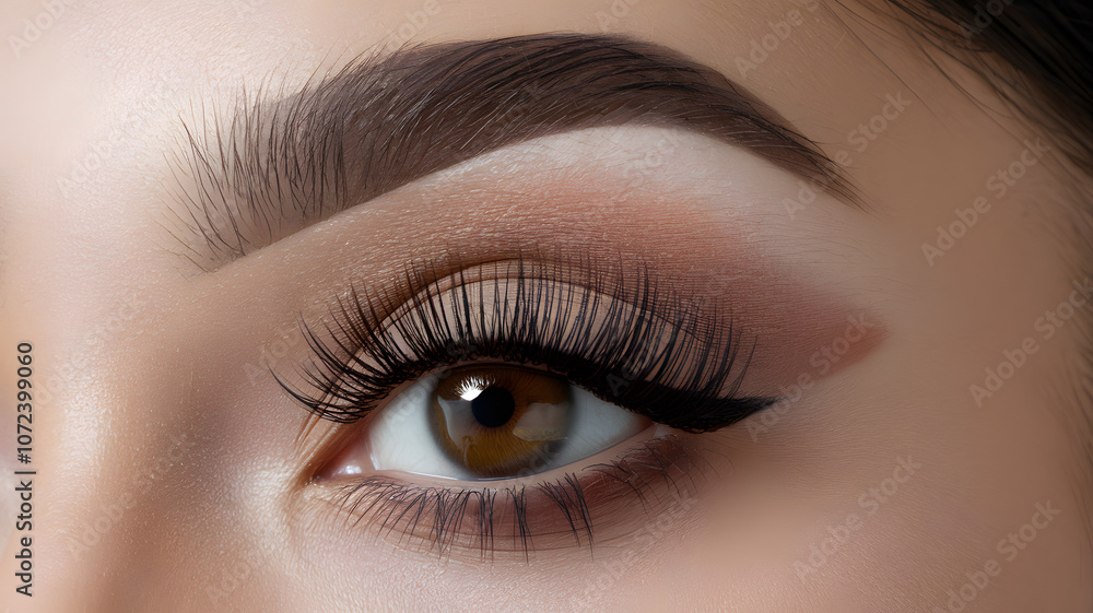 Obraz premium Close-up of an elegantly made-up eye featuring dramatic lashes and expertly shaped brows for a glamorous look