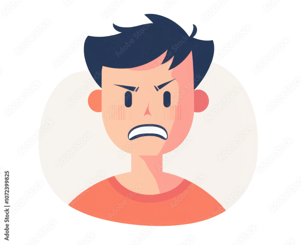 Cartoon boy with a red shirt and blue hair. He is angry and has a big mouth. Flat vector illustration isolated. Cartoon boy with a red shirt and blue hair. He is angry and has a big mouth. Flat vector illustration isolated.