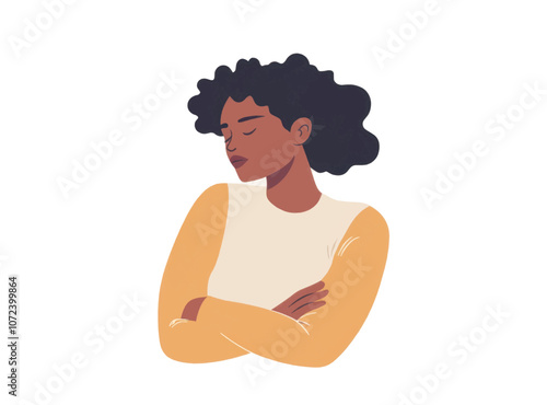 Woman with a black hair and a yellow shirt. She is looking at the camera. Flat vector illustration isolated.