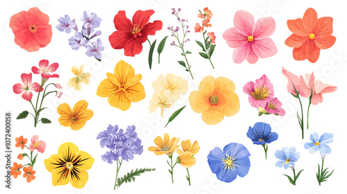 Collection of flowers in various colors. Some are yellow, some are pink, and some are purple. Flat vector illustration isolated.