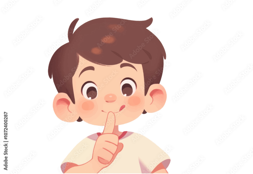 Young boy with brown hair and a white shirt is looking at the camera. Flat vector illustration isolated. Young boy with brown hair and a white shirt is looking at the camera. Flat vector illustration isolated.