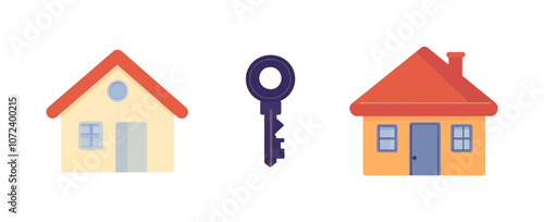 House with a key on it is shown next to another house with a key on it. Flat vector illustration isolated.