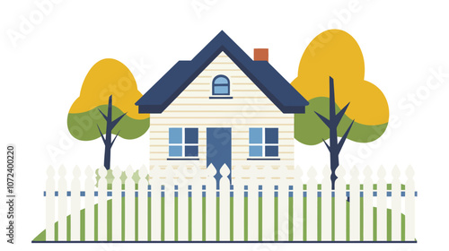 White house with a blue roof and blue shutters. A white picket fence is in front of the house. Flat vector illustration isolated.