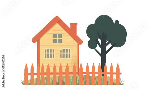 House with a white roof and a green tree in front of it. The house is surrounded by a wooden fence. Flat vector illustration isolated.