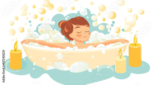 Woman is in a bathtub with bubbles and candles. She is smiling and she is enjoying her bath. Flat vector illustration isolated.