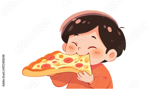 Boy is eating a slice of pizza. He is smiling. The pizza is on a white background. Flat vector illustration isolated.