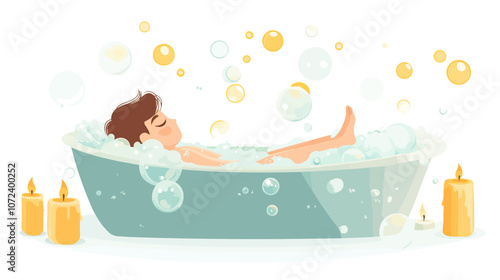Man is sitting in a bathtub with bubbles. There are candles in the tub. The man is relaxed. Flat vector illustration isolated.
