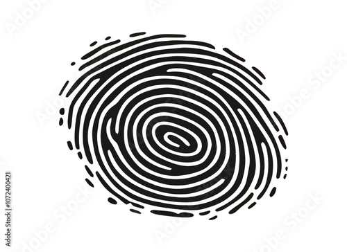 Black and white fingerprint with a circle in the middle. The fingerprint is very detailed. Flat vector illustration isolated.