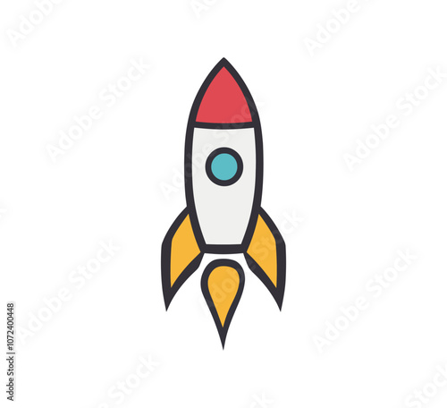 Rocket is shown with a red nose and white body. The rocket is in the middle of the image. Flat vector illustration isolated.