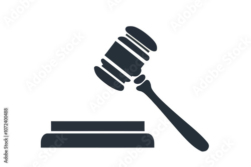 Black and white drawing of a gavel and a wooden box. The gavel is placed on top of the box. Flat vector illustration isolated.