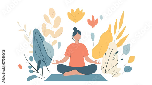 Woman is sitting on a mat in a forest. She is wearing a red shirt. The woman is meditating. Flat vector illustration isolated.