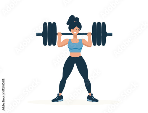 Woman lifting a weight. She is smiling. The weight is on the left side of her body. Flat vector illustration isolated.