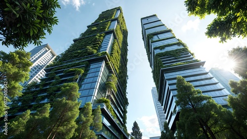 Modern skyscrapers with integrated green spaces and sustainable design photo