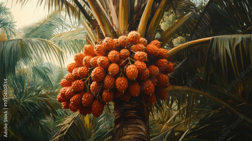 Fototapeta premium A close-up view of an oil palm tree with clusters of ripe, red-orange fruit bunches hanging from the trunk, glistening in the sunlight.