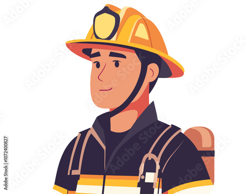 Man in a yellow hat and black and orange uniform. He is smiling. He is a firefighter. Flat vector illustration isolated.