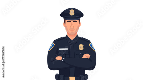 Police officer is standing with his arms crossed. He is wearing a blue uniform and a hat. Flat vector illustration isolated.