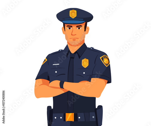 Man in a blue police uniform is standing with his arms crossed. He is wearing a hat and a badge. Flat vector illustration isolated.