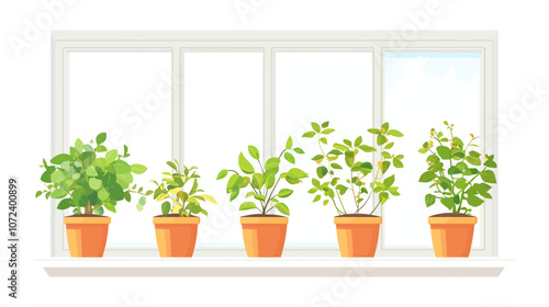 Five potted plants are lined up on a window sill. The plants are of different sizes. Flat vector illustration isolated.