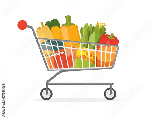 Shopping cart full of vegetables. The cart is silver and has a red handle. Flat vector illustration isolated.