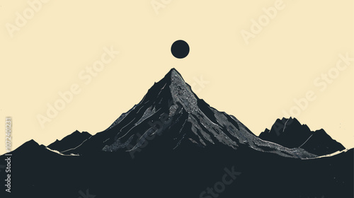 Mountain with a large black circle in the middle. The circle is the sun. The mountain is very tall. Flat vector illustration isolated.