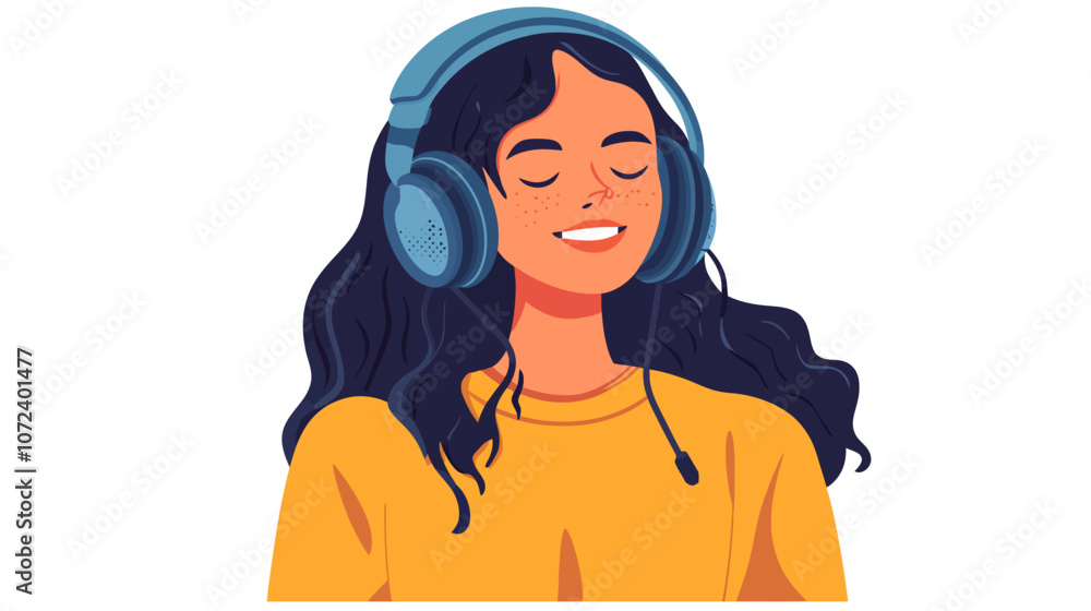 Woman wearing headphones and smiling. She is wearing a yellow shirt. Flat vector illustration isolated.