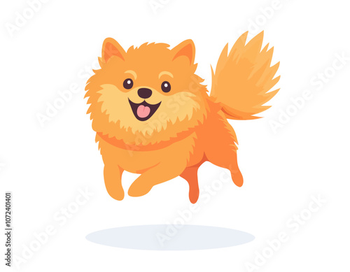 Cartoon dog with a fluffy tail is jumping in the air. The dog has a big smile on its face. Flat vector illustration isolated.