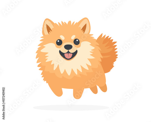 Cartoon dog with a fluffy tail is jumping in the air. The dog has a big smile on its face. Flat vector illustration isolated.