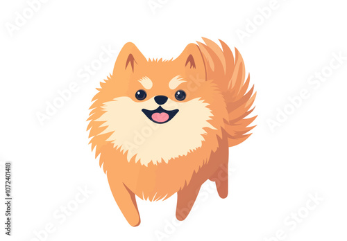 Cartoon dog with a fluffy tail and a smile. It is orange and white. It is running. Flat vector illustration isolated.