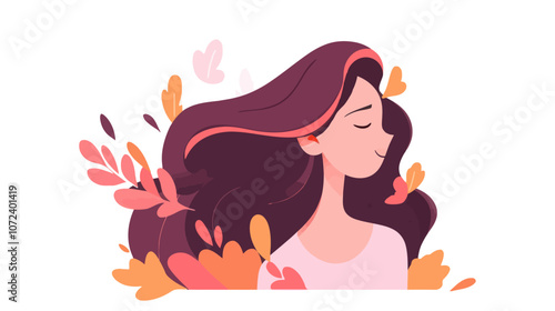 Woman with long hair is sitting in a field of flowers. She is smiling and looking to the right. Flat vector illustration isolated.