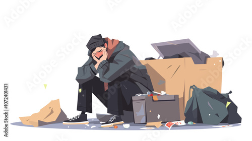 Man is sitting on the ground next to a trash can. He is wearing a black jacket and a hat. Flat vector illustration isolated.