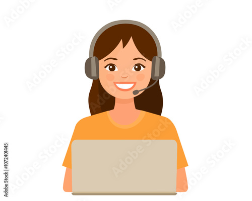 Woman wearing a headset is sitting in front of a laptop. She is smiling and she is happy. Flat vector illustration isolated.