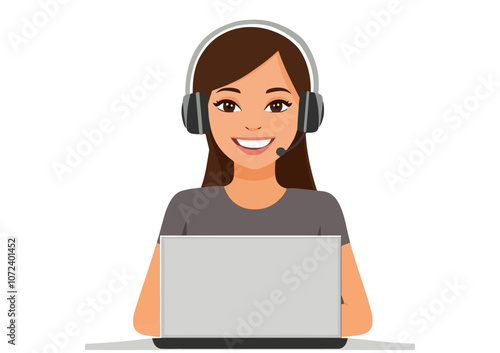Woman wearing headphones is sitting at a desk with a laptop. She is smiling and she is happy. Flat vector illustration isolated.