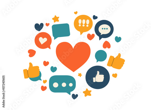 Heart is surrounded by various symbols, including thumbs up and thumbs down. The heart is orange. Flat vector illustration isolated.