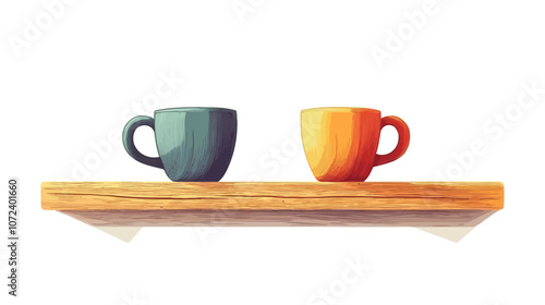 Two cups on a shelf, one is green and the other is orange. The shelf is made of wood. Flat vector illustration isolated.