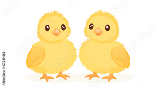 Two yellow chicks standing next to each other. They are both looking at the camera. Flat vector illustration isolated.