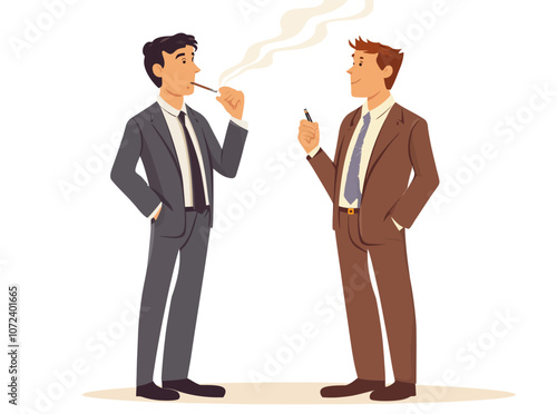 Two men in suits are smoking cigarettes. One man is holding a cigarette in his mouth. Flat vector illustration isolated.