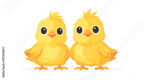 Two yellow chicks standing next to each other. They are looking at the camera. The chicks are fluffy. Flat vector illustration isolated.