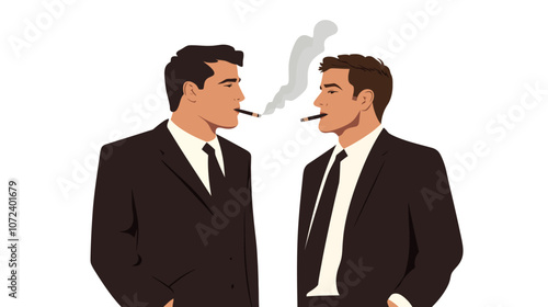 Two men in suits are smoking cigarettes. One of them is holding the cigarette in his mouth. Flat vector illustration isolated.