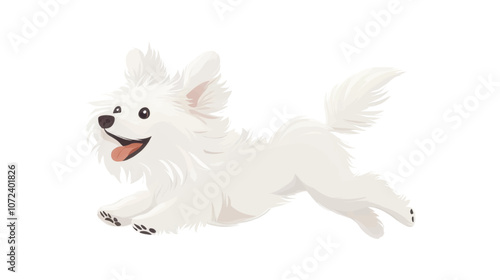 White dog is running and has its tongue out. It is smiling. The dog is in the middle of the image. Flat vector illustration isolated.