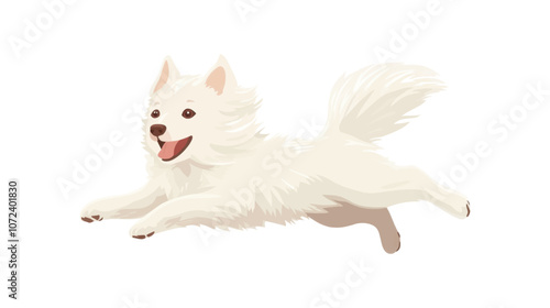 White dog is running and has its tongue out. It is smiling. The dog is in the air. Flat vector illustration isolated.