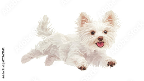 White dog is running on a white background. The dog has a pink tongue and is wagging its tail. Flat vector illustration isolated.