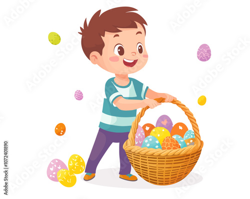 Boy is holding a basket full of eggs. The basket is full of eggs of different colors. Flat vector illustration isolated.