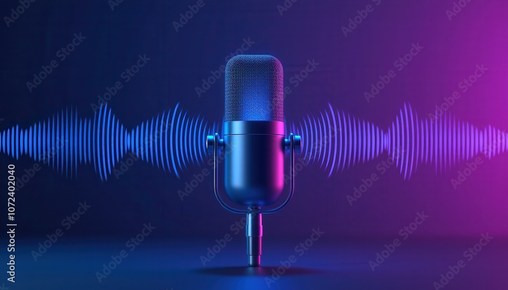 Condenser microphone with sound waves and blue glow Condenser microphone with sound waves and blue glow