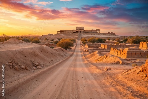 Desert Road to Ancient City Civilization at Stunning Sunset